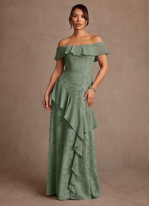 Azazie Marina Mother of the Brides Dresses Matcha A-Line Off the Shoulder Floral Burnout Dress image1