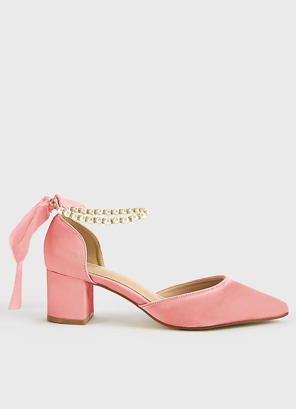 front Matching Color Matte Satin Pearl and Bow Pointed Toe Block Heels