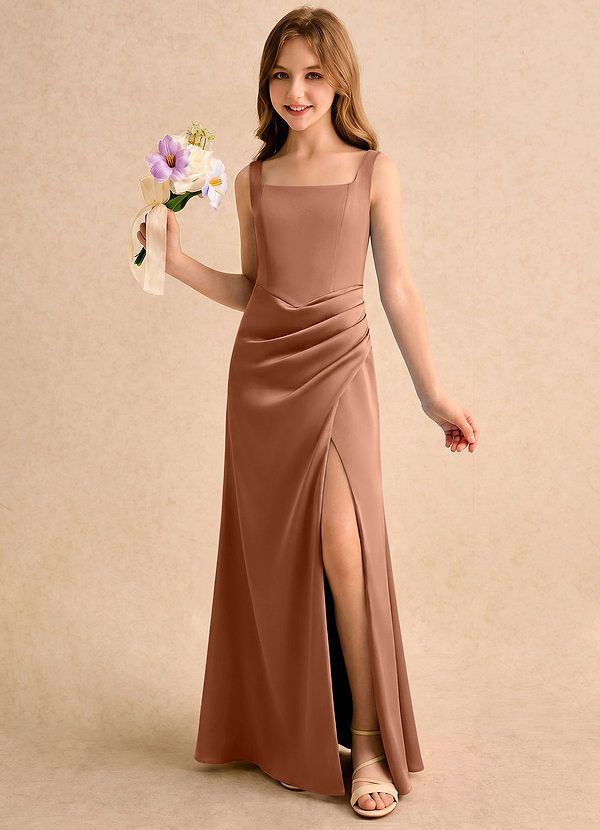 Azazie Noah Girls Formal Flower Girl Dresses Bronzer Sheath Pleated Stretch Satin Dress image1