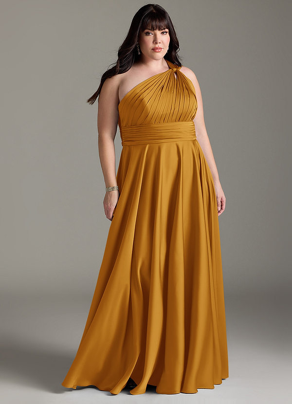 Azazie Charlize Bridesmaid Dresses Butterscotch A-Line One Shoulder Stretch Satin Dress image1