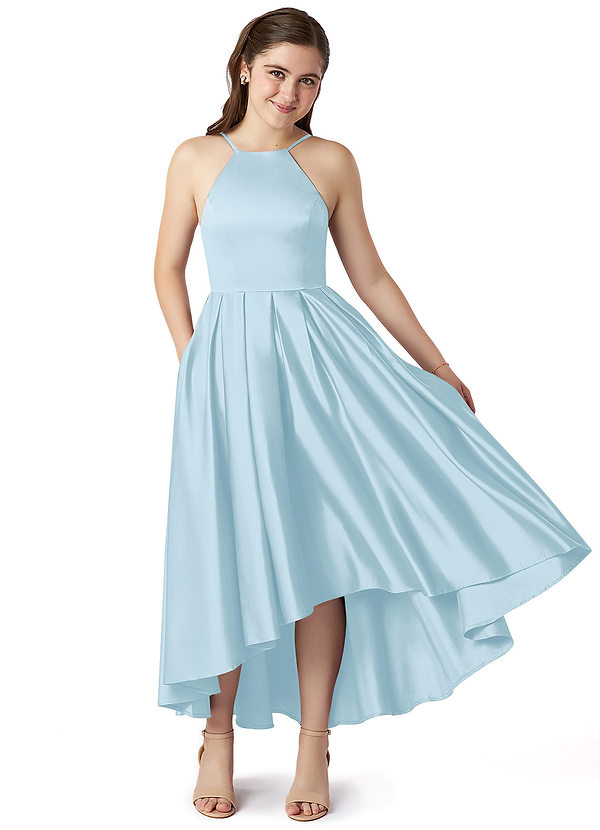 Azazie Jemima Junior Sky Blue A-Line with Pockets Stretch Satin Dress image1
