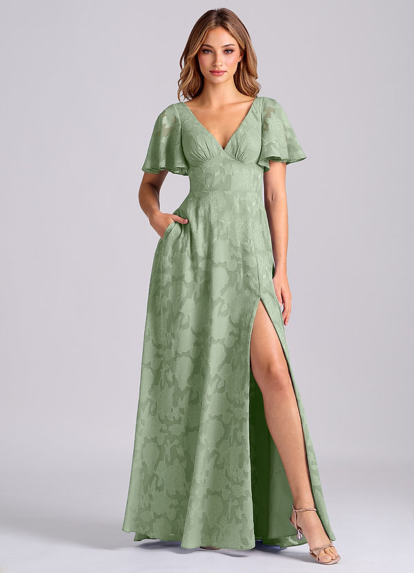 Azazie Kimber 신부 들러리 드레스 A라인 포켓이 있는 플로럴 번아웃 바닥 길이 드레스 image1