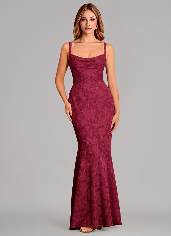 Azazie Aubrey Bridesmaid Dresses Vestido Borgonha de Esgotamento Floral de sereia com Arco image1