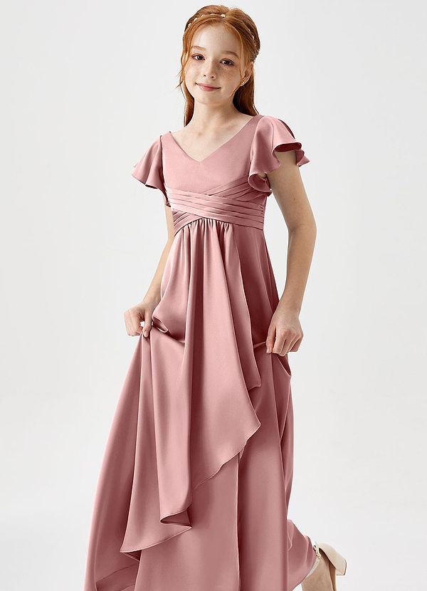 Azazie Omari Junior Dusty Rose A-Line Pleated Stretch Satin Dress image1