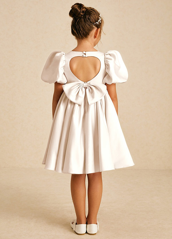Azazie Muffin Flower Girl Dresses White Alabaster A-Line with Sleeves Matte Satin Dress image1