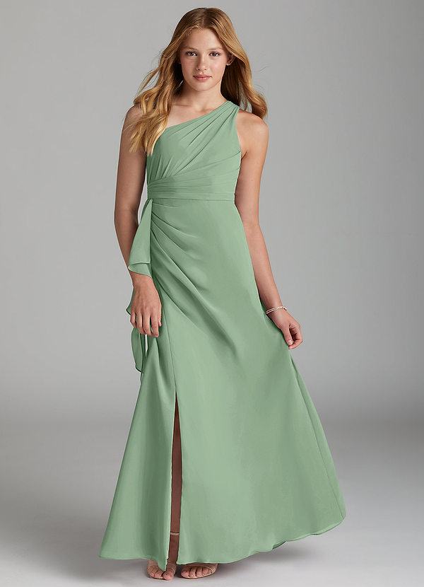 Azazie Maive Junior A라인 주름진 쉬폰 플로어 길이 주니어 신부 들러리 드레스 image1