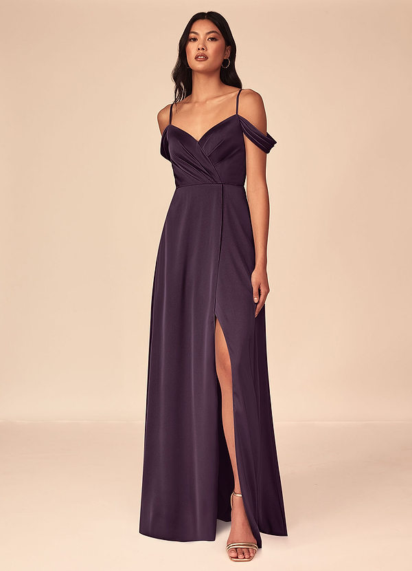Azazie Ocean Brautjungfernkleider A-Linie V-Hals Gefaltet Stretch-Satin Kleid Pflaume image1