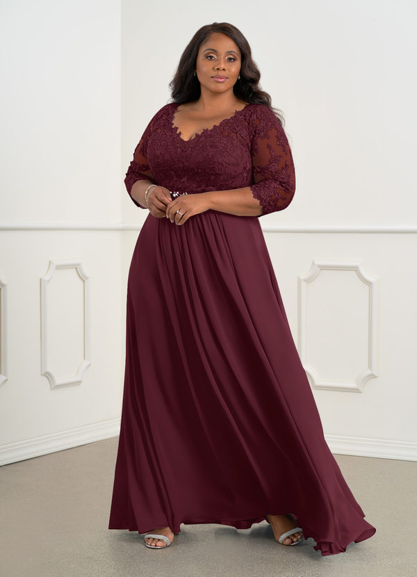 Azazie Hayek Mother of the Brides Dresses Cabernet A-Line V-Neck Lace Chiffon Dress image1