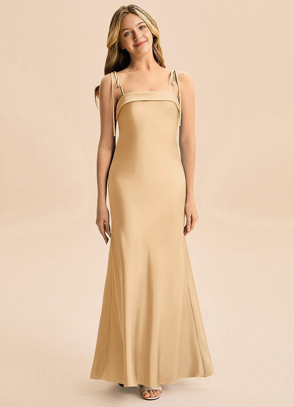 Azazie Willa Junior Gold A-Line Bow Stretch Satin Dress image1