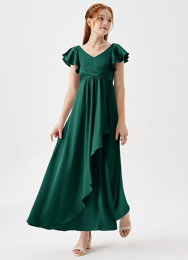 Azazie Omari Junior Emerald A-Line Pleated Stretch Satin Dress image1