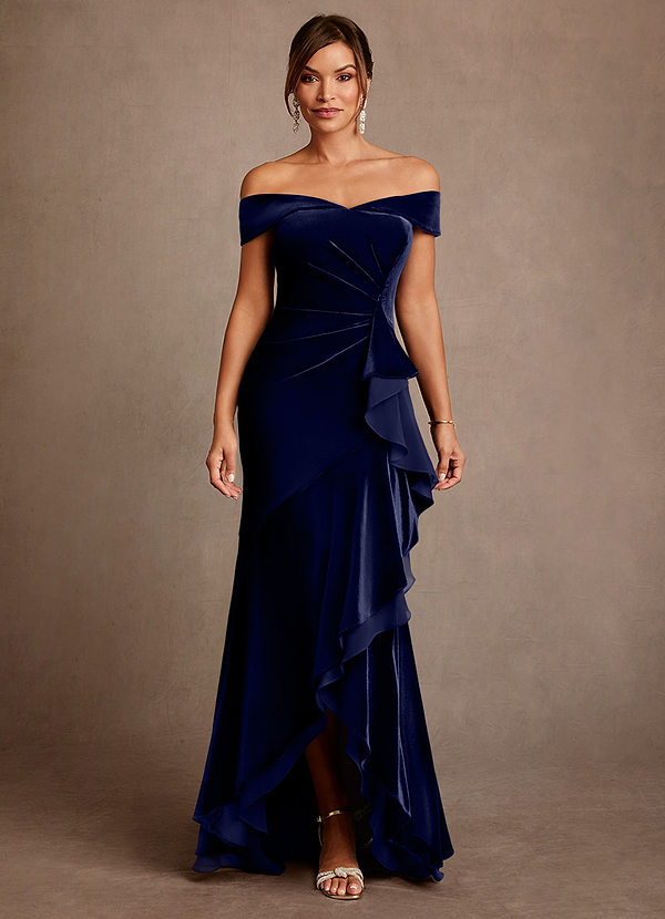 Azazie Billings Vestidos de Madre de la Novia Vestido de Azul Marino Oscuro de terciopelo de Corte Sirena con Vestidos sin tirantes image1