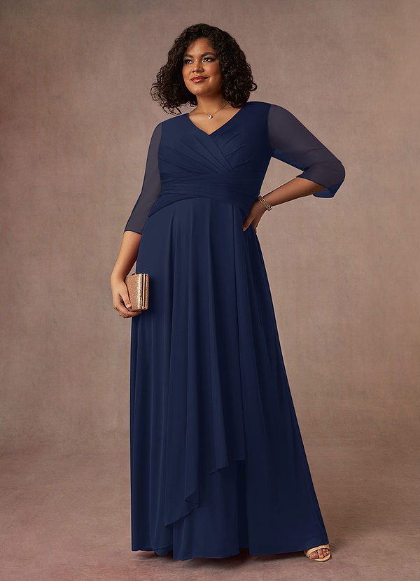 Azazie Annetta Robe Mère de la Mariée & du Marié Robe Trapèze en Maille Col en V à manches longues Bleu Marine Foncé image1