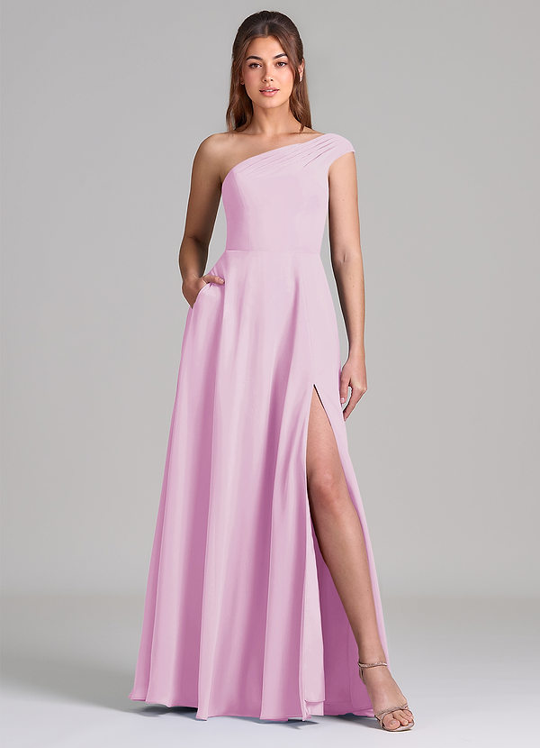 Azazie Melanie Bridesmaid Dresses Candy Pink A-Line Off the Shoulder Chiffon Dress image1