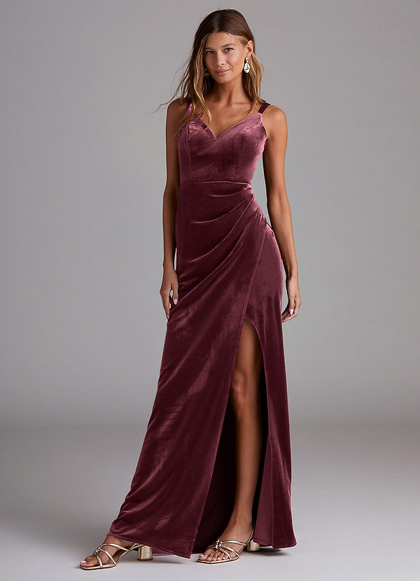 Azazie Leo Bridesmaid Dresses Raspberry Sheath Pleated Velvet Dress image1