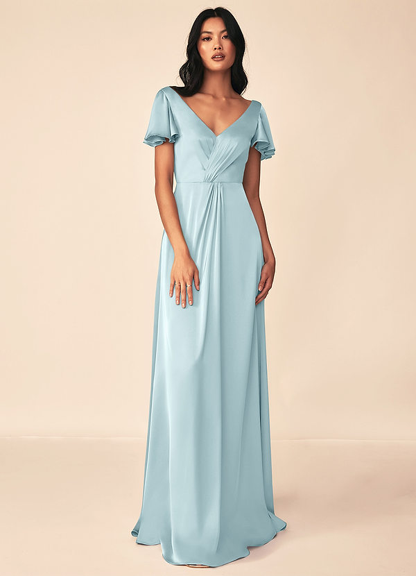 Azazie Soren Bridesmaid Dresses Cloud Blue A-Line Pleated Stretch Satin Dress image1