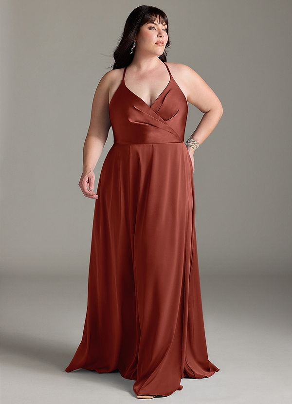 Azazie Davis Robes Demoiselle d'honneur Robe Trapèze en Satin extensible Plissée Terracotta image1