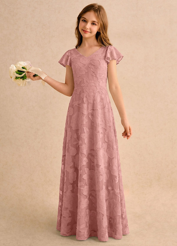 Azazie Narin Girls Formal Blumenkinder Kleider A-Linie mit ärmel Blumen-Burnout Kleid Rosettenrosa image1