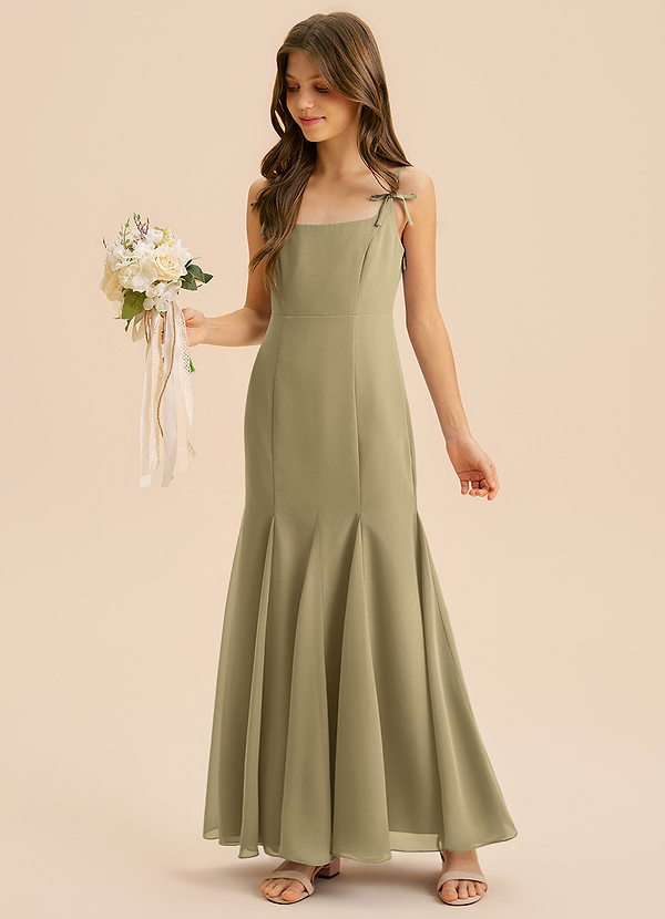 Azazie Evey Junior Abito Sirena in Chiffon Plissettato Verde Muschio image1