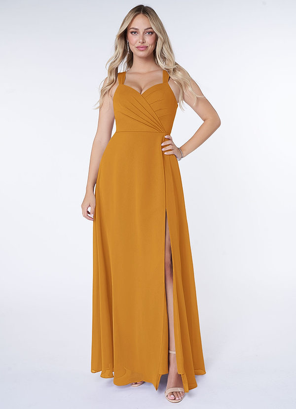 Azazie Nahrin Bridesmaid Dresses Butterscotch A-Line V-Neck Pleated Chiffon Dress image1