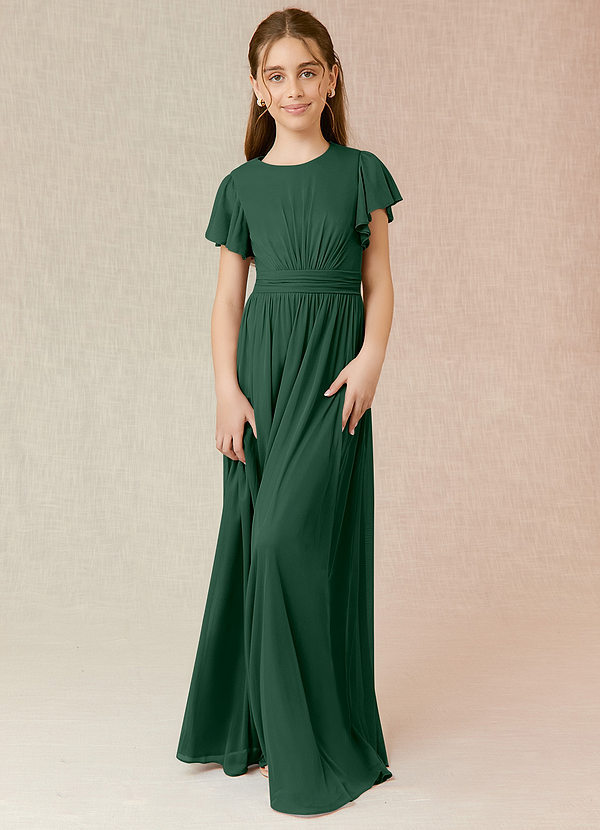 Azazie Mosley Junior Dark Green A-Line Ruched Mesh Dress image1