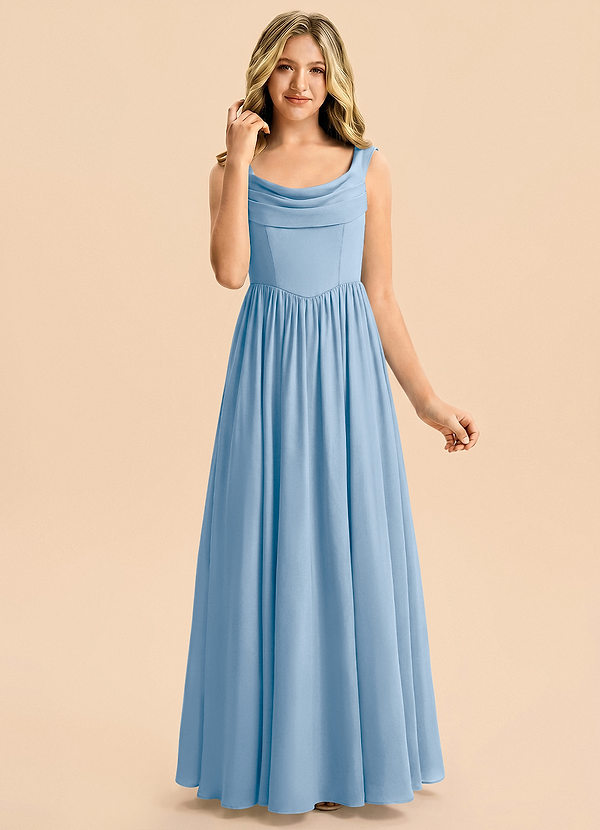 Azazie Novi Junior A-Linie Plissee Stretch-Satin Kleid Puderblau image1