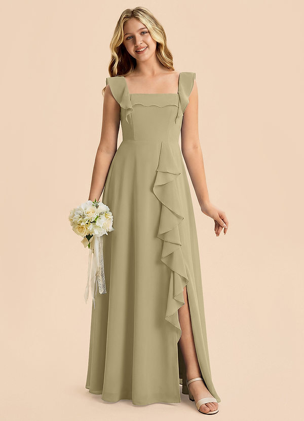 Azazie Nori Junior A-Linie Gestreift Chiffon Kleid Moosgrün image1