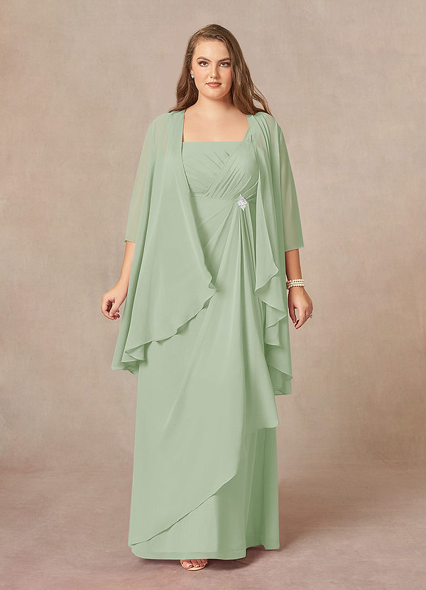 Azazie Weisz Brautmutterkleider A-Linie Quadratischer Ausschnitt Gefaltet Chiffon Kleid Staubiger Salbeigrün image1