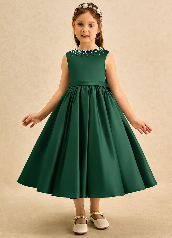 Azazie Doodle Flower Girl Dresses Dark Green Ball-Gown Bow Matte Satin Dress image1