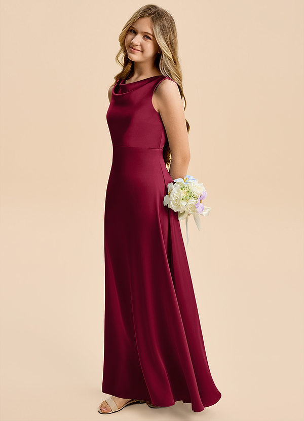Azazie Kiki Junior Robe Trapèze en Satin extensible Arc Bourgogne image1