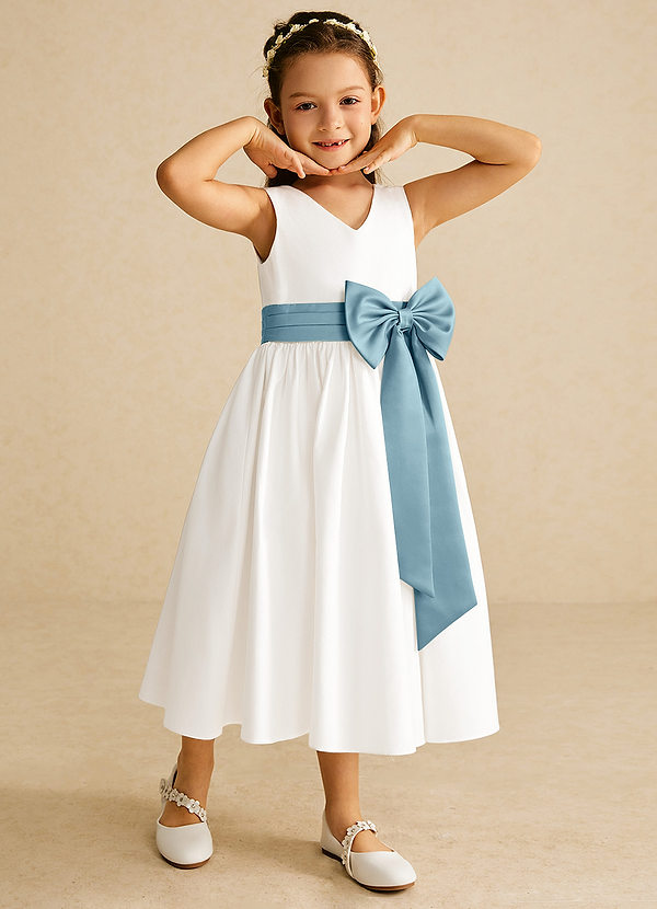 Azazie Darling Flower Girl Dresses Ivory Moody Blue A-Line Bow Cotton Dress image1