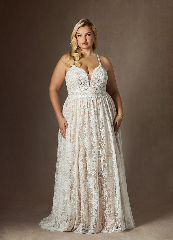 Azazie August Wedding Dresses Diamond White Nude A-Line Lace Dress image1