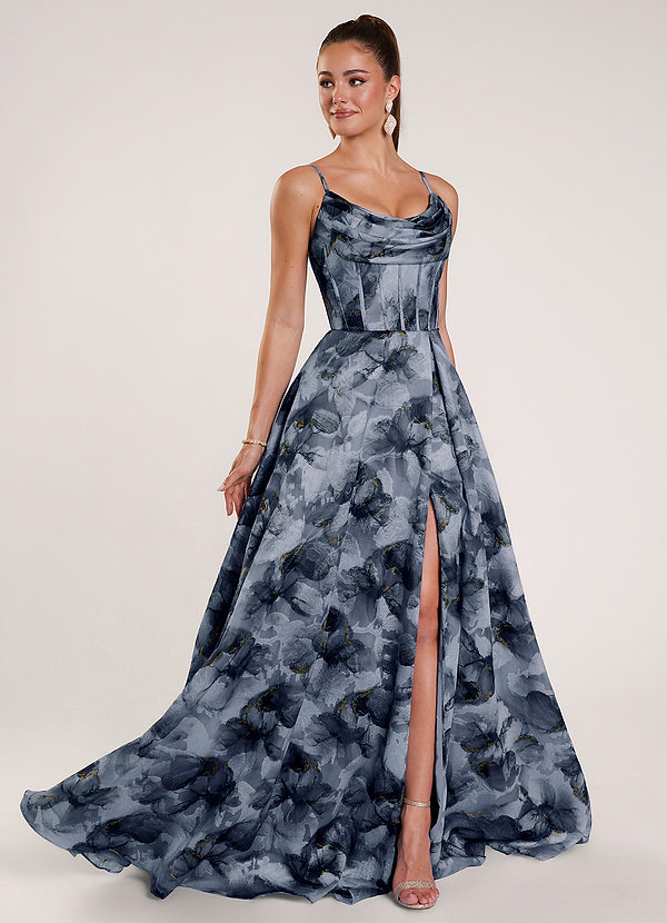 Zephyrine Grey Floral Printed Jacquard Corset Prom Dress image1