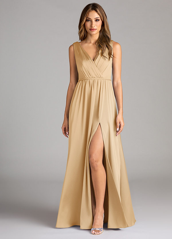 Azazie Tanicia Bridesmaid Dresses Gold A-Line Pleated Stretch Satin Dress image1