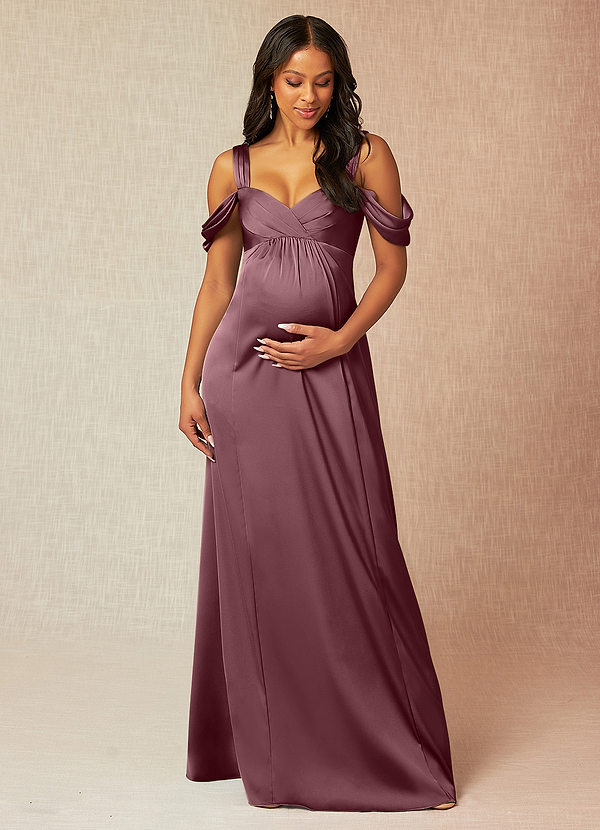 Azazie Rhea Robes de demoiselle d'honneur maternité Robe Trapèze Épaule nue plissée Longueur ras du sol Satin extensible image1
