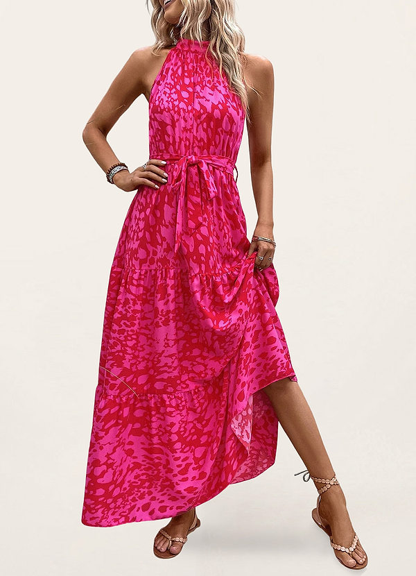front Endless Vacay Hot Pink Print Halter Maxi Dress