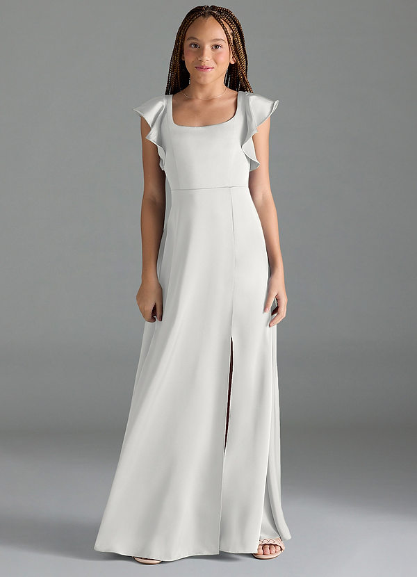 Azazie Bondi Junior White A-Line Side Slit Stretch Satin Dress image1