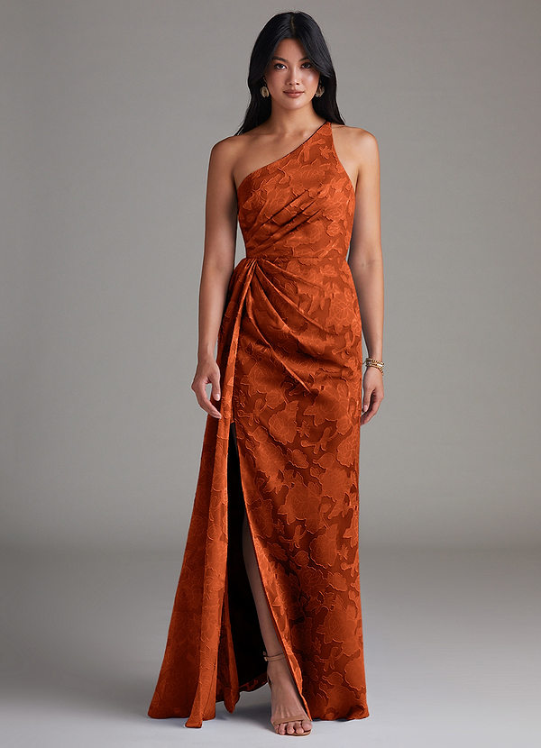 Azazie Mika Bridesmaid Dresses Paprika Sheath One Shoulder Floral Burnout Dress image1
