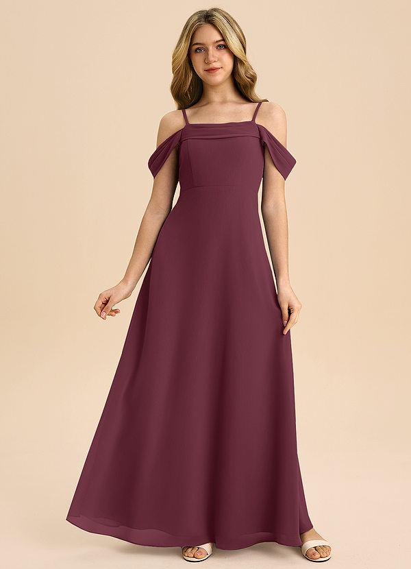 Azazie Anselie Junior Cabernet A-Line Off the Shoulder Chiffon Dress image1