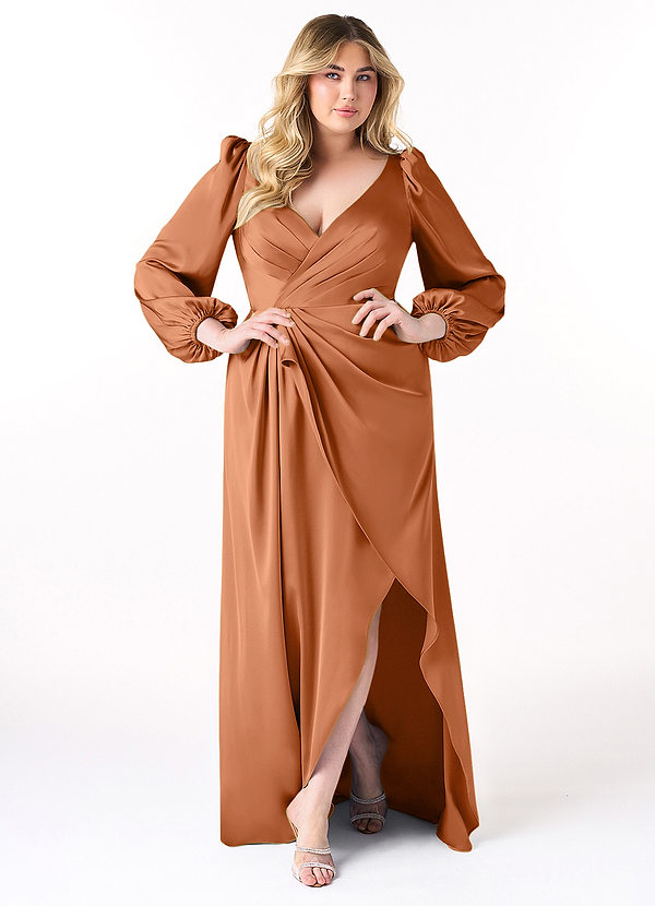 Azazie Mel Bridesmaid Dresses Copper Sheath Long Sleeve Stretch Satin Dress image1