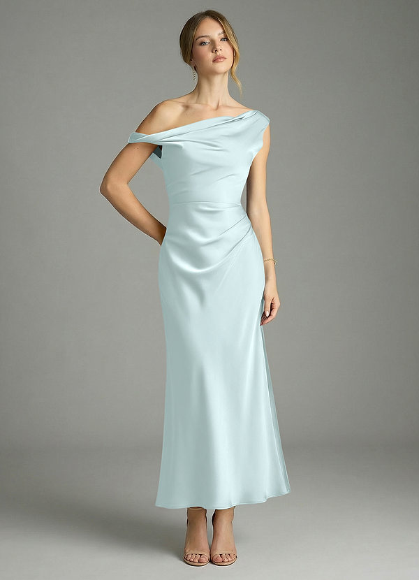 Azazie Emerson Bridesmaid Dresses Sea Glass Mermaid Off the Shoulder Stretch Satin Dress image1