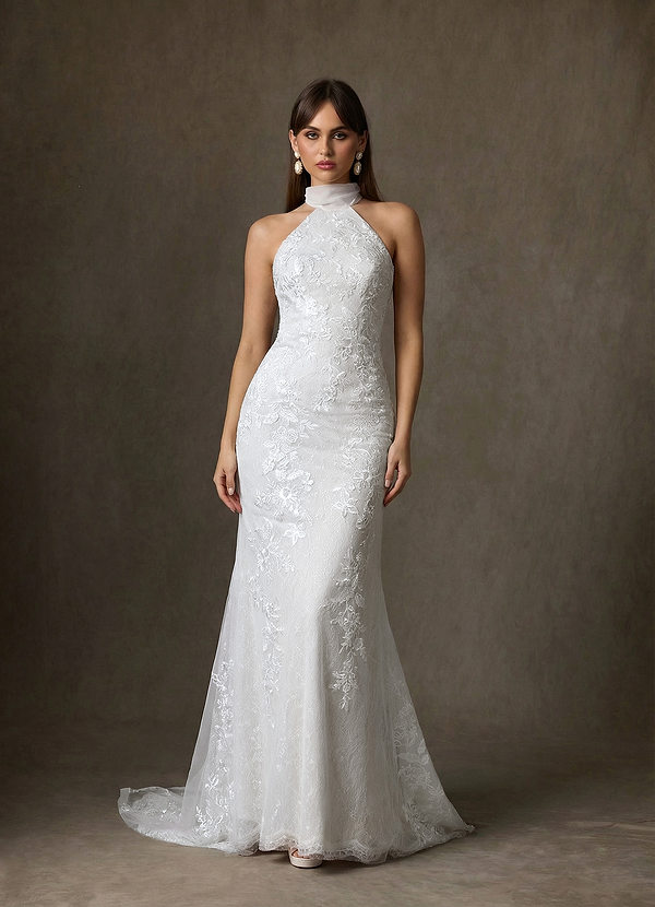 Azazie Kaiyana Brautkleider Etui Hoher Kragen Spitze Kleid Diamantweiß image1