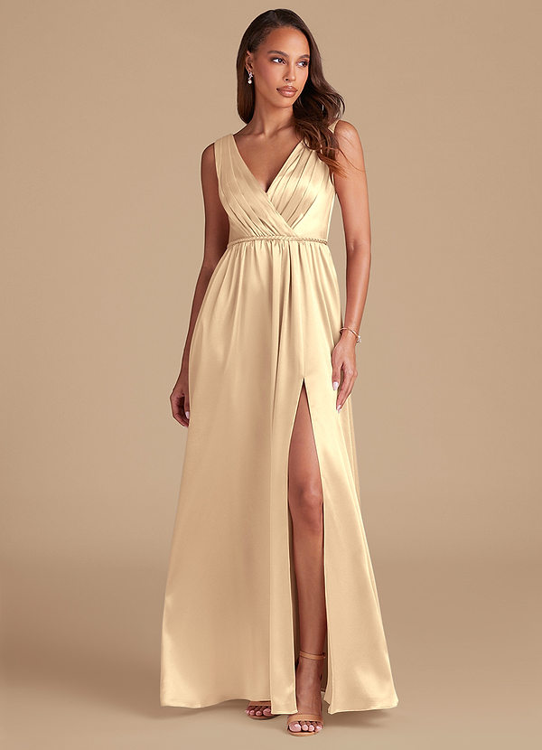 Azazie Tanicia Bridesmaid Dresses Gold A-Line Pleated Metallic Satin Dress image1