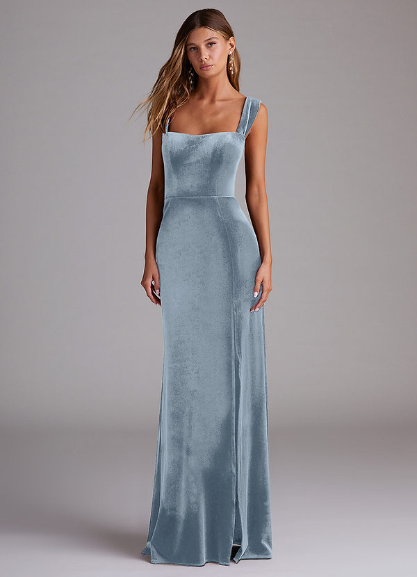 Azazie Junia Bridesmaid Dresses Dusty Blue Sheath Off the Shoulder Velvet Convertible Dress image1