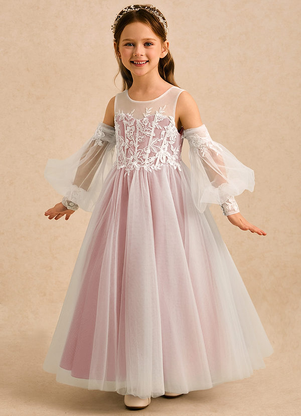 Azazie Liora Flower Girl Dresses Powder Pink Ball-Gown Lace Tulle Dress image1