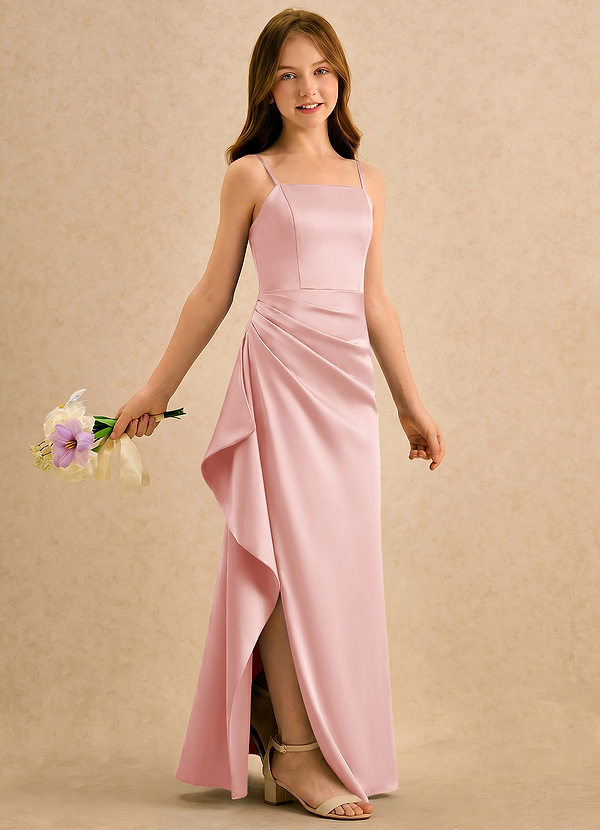 Azazie Cannoli Girls Formal Robes de cortège enfant Robe Trapèze en Satin extensible Plissée Rose Poudré image1