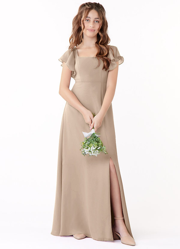 Azazie Bondi Junior Taupe A-Line Bow Chiffon Dress image1