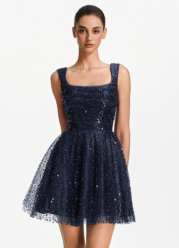 Hesperiana Navy Sequin Stretch Tulle Square-Neck Mini Dress image1