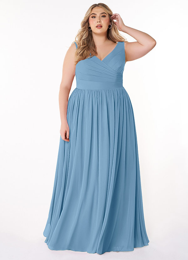 Azazie Keyla Bridesmaid Dresses Steel Blue A-Line V-Neck Pleated Chiffon Dress image1