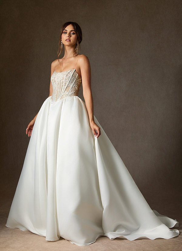 Azazie Mirabeth Wedding Dresses Diamond White Nude Ball-Gown Strapless Lace Dress image1