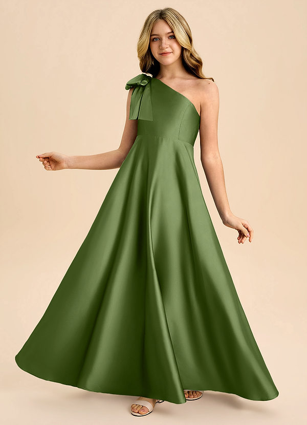 Azazie Penguin Junior Abito A-Line in Raso Elasticizzato Fiocco Ginepro image1